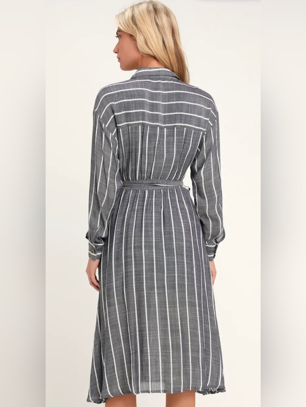 Lulus Slauson Dark Blue Grey Striped Long Sleeve Shirt Dress Button-Front - Picture 2 of 4